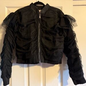 Chic Black Ruffled Bomber Jacket